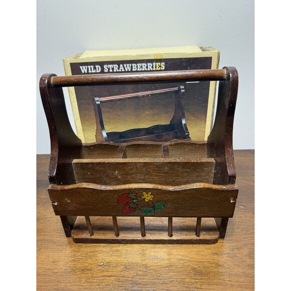 VTG Wooden Napkin & Utensil Caddy Handpainted Strawberry Cottagecore Kitchen NOS - Picture 5 of 8